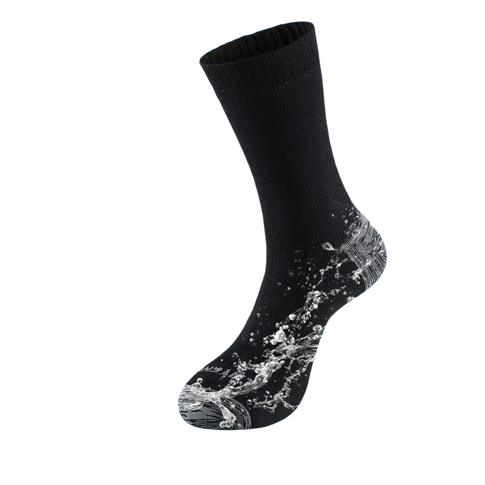 Men’s waterproof thermal hiking socks in black with reinforced toe and heel and textured gray pattern for durability