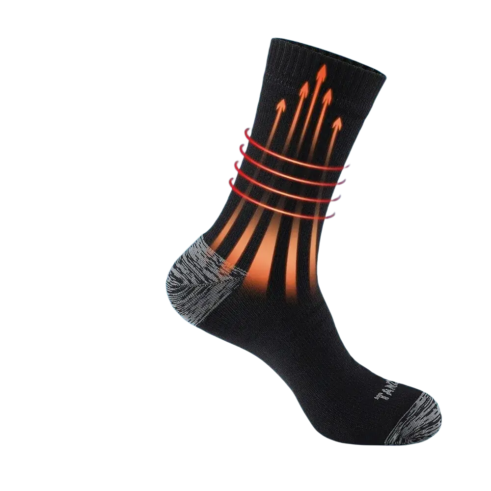Men’s waterproof thermal hiking sock in black with gray heel and toe and orange heat retention graphics