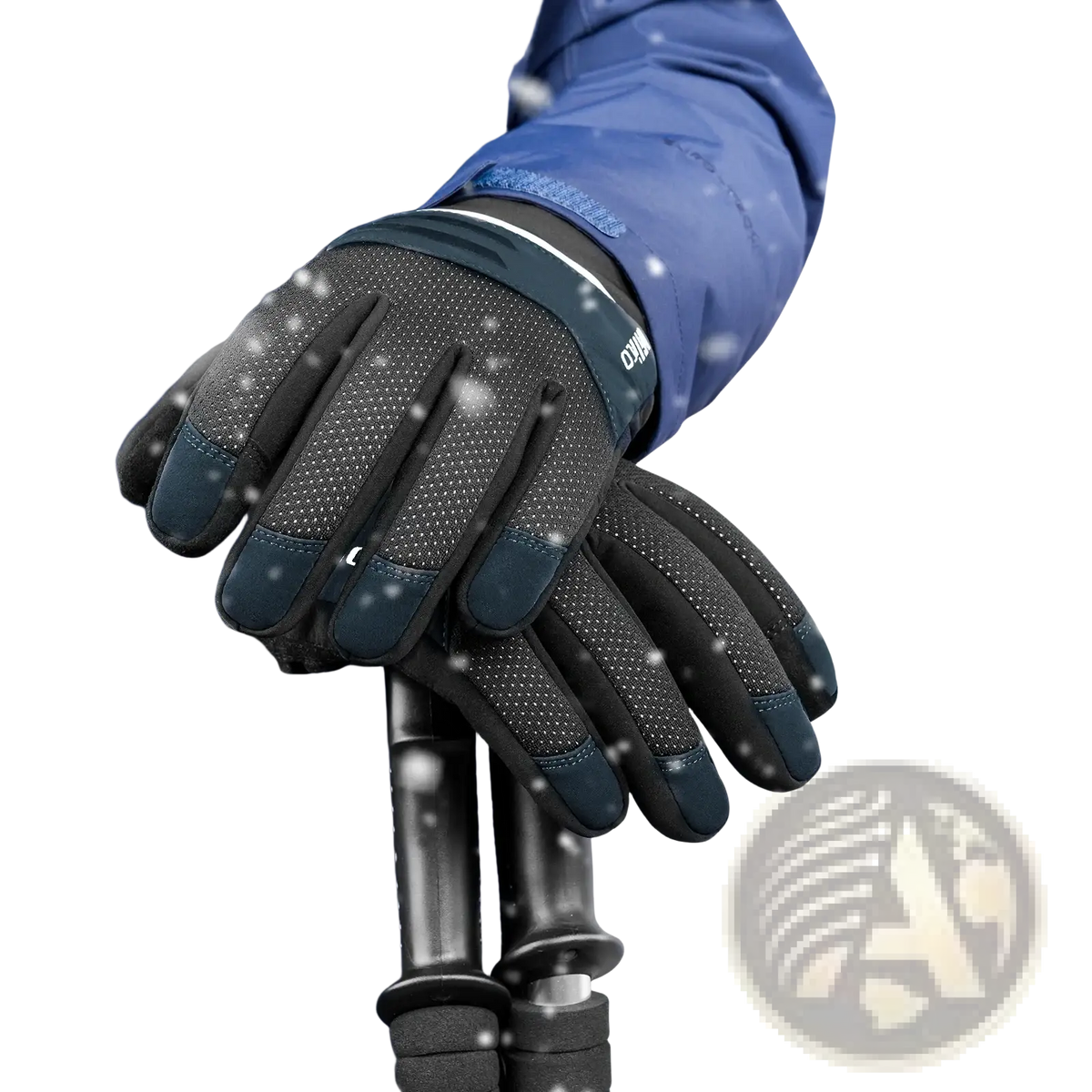 Back side of men’s waterproof winter cycling gloves in black and dark blue with mesh texture and reinforced fingertips
