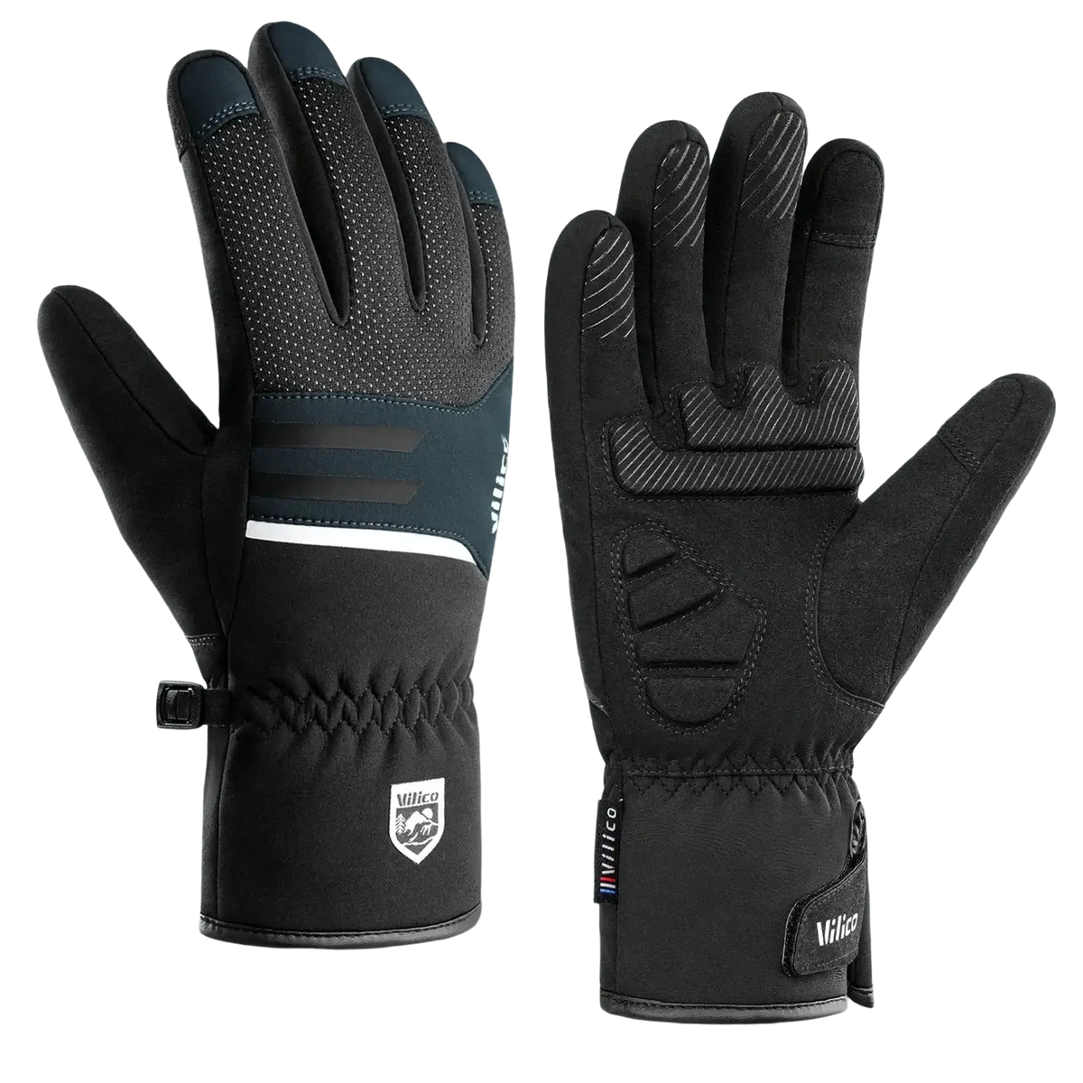 Men’s waterproof winter cycling gloves in black and dark teal with textured grip panels and reinforced stitching
