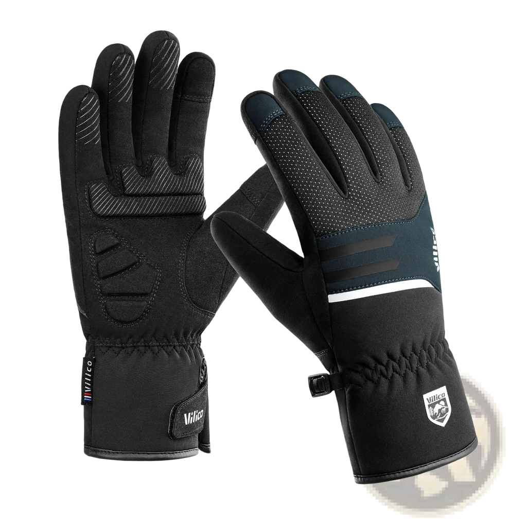 Men’s waterproof winter cycling gloves in black and dark teal with reinforced finger panels and breathable mesh back