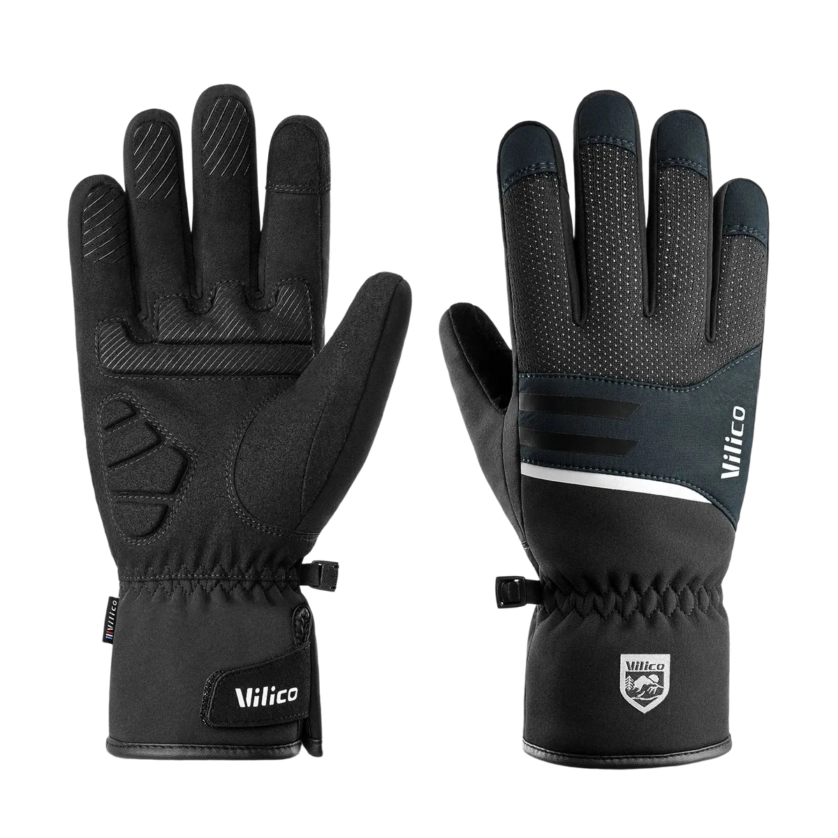Black vilico men’s waterproof winter cycling gloves with touchscreen fingertips and reinforced palm padding shown from back side