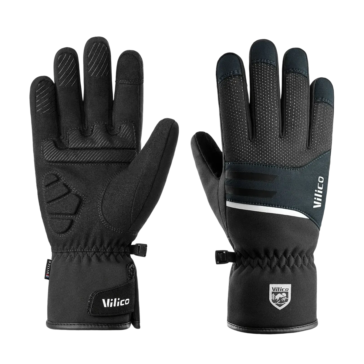 Black vilico men’s waterproof winter cycling gloves with textured grip panels and reinforced stitching visible on back side