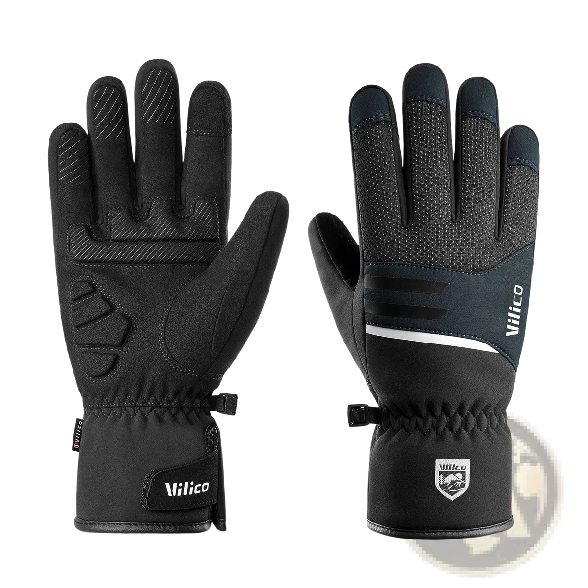 Black vilico men’s waterproof winter cycling gloves with touchscreen fingertips and reinforced palm padding shown from back side