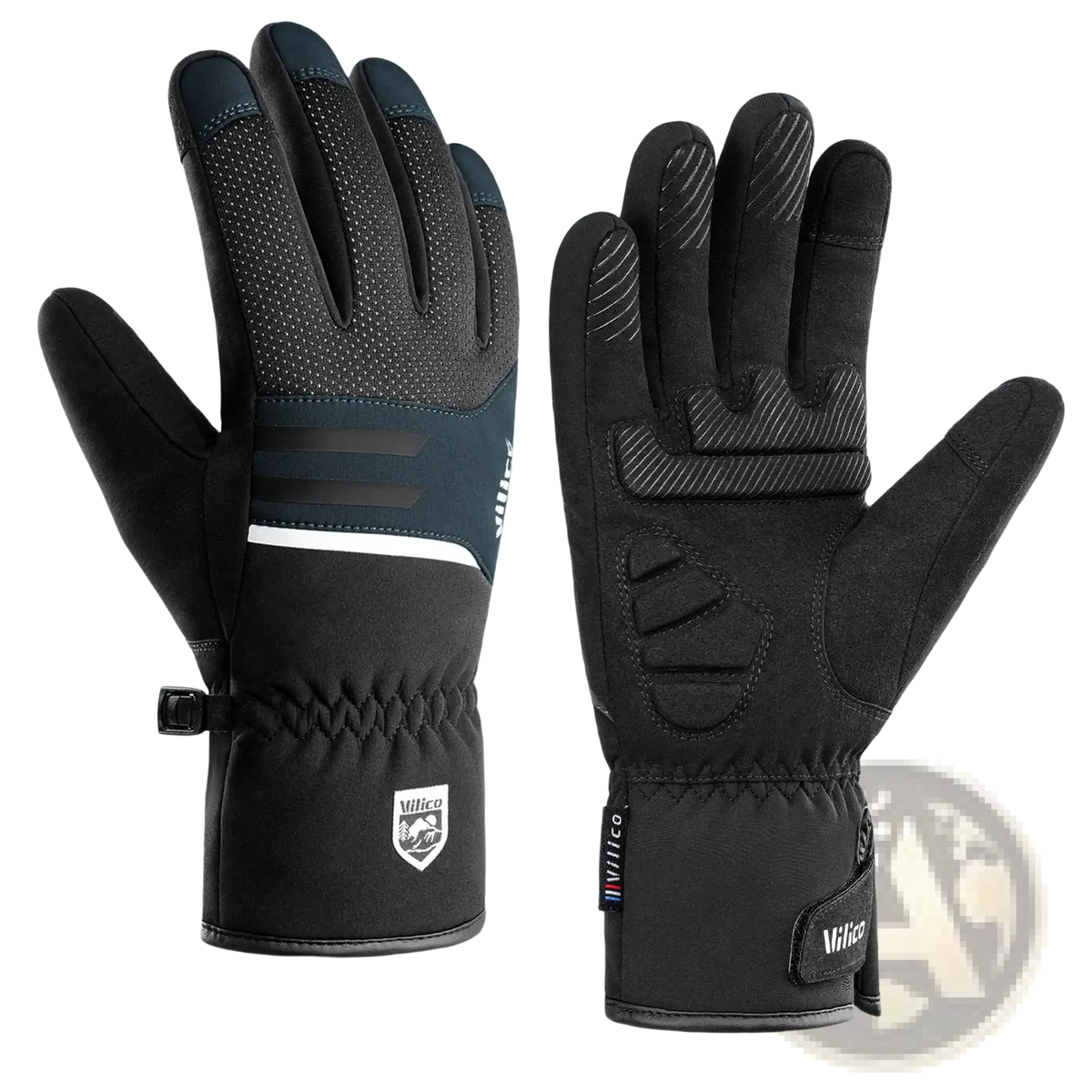 Men’s waterproof winter cycling gloves in black with reinforced fingertips and adjustable wrist straps shown from the back side