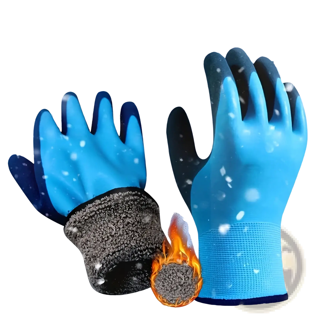 Men’s waterproof winter work gloves in blue and black with insulated fleece-lined wrist for extreme cold weather use