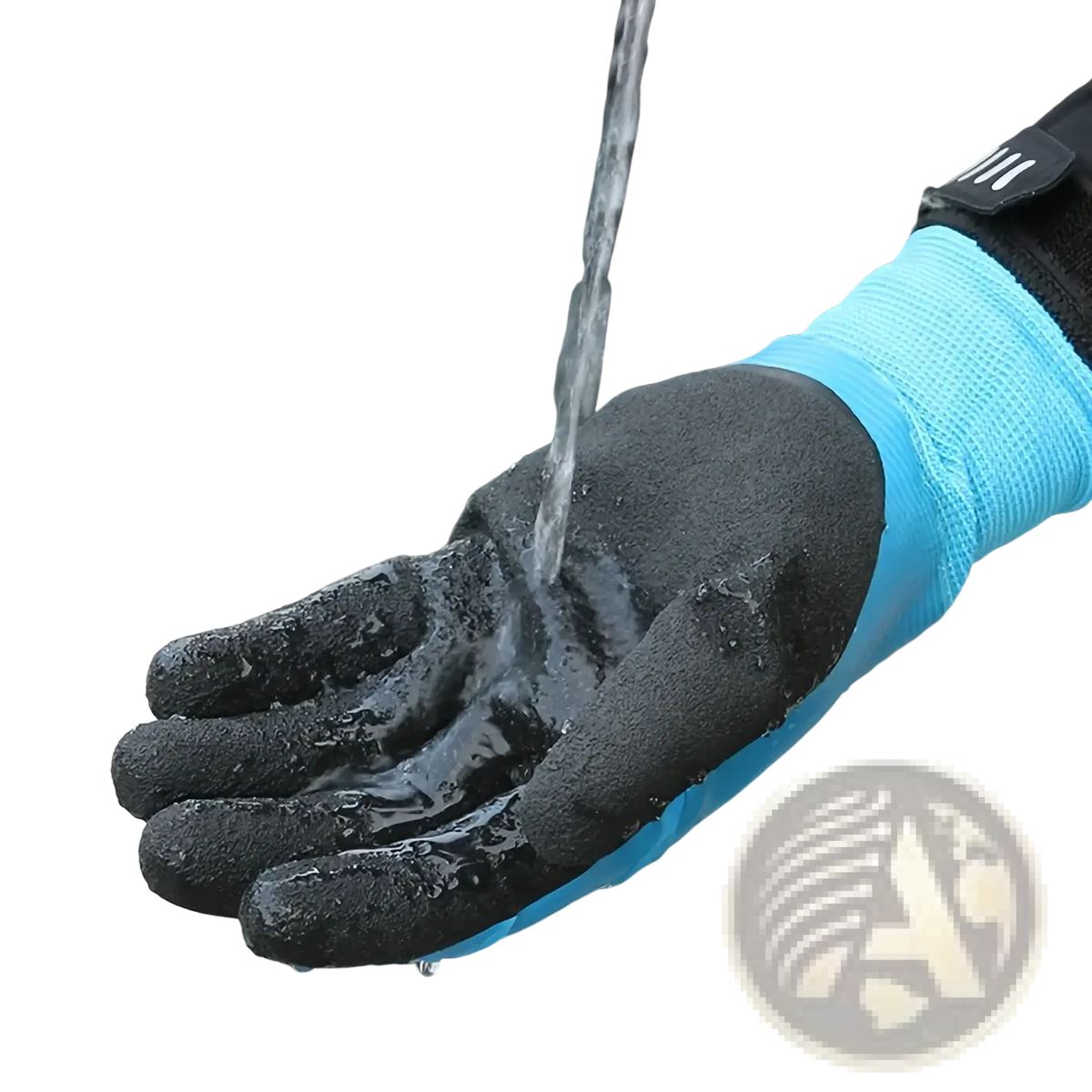 Black and blue men’s waterproof winter work gloves with thermal lining and textured grip for mechanical tasks shown from back side