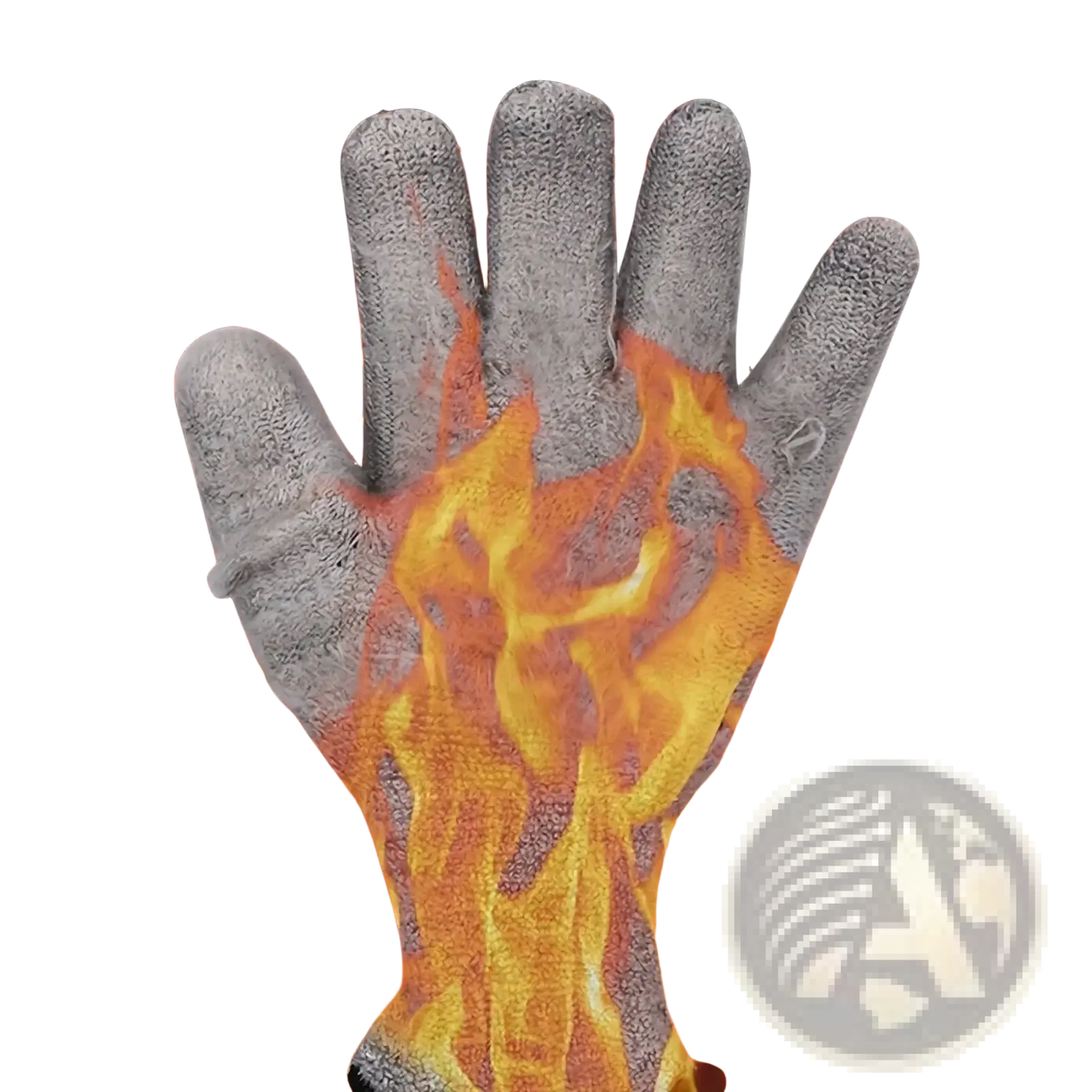 Gray textured heat-resistant glove with flame design showing the back side in men’s waterproof winter work gloves