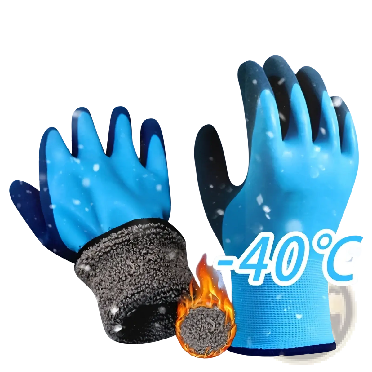 Men’s waterproof winter work gloves in blue and black with thermal insulation and fuzzy gray cuff for extreme cold