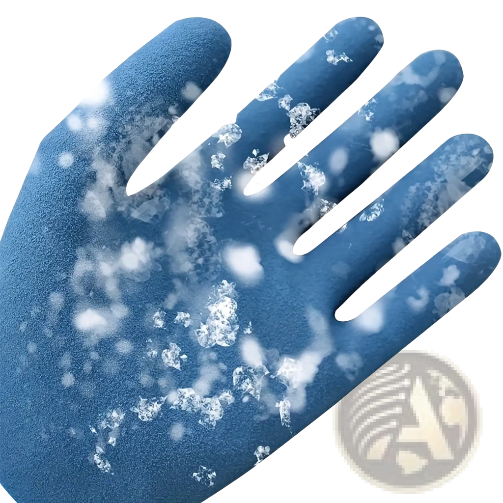 Blue textured waterproof thermal men’s winter work glove showing frost ice crystals on the glove surface back side