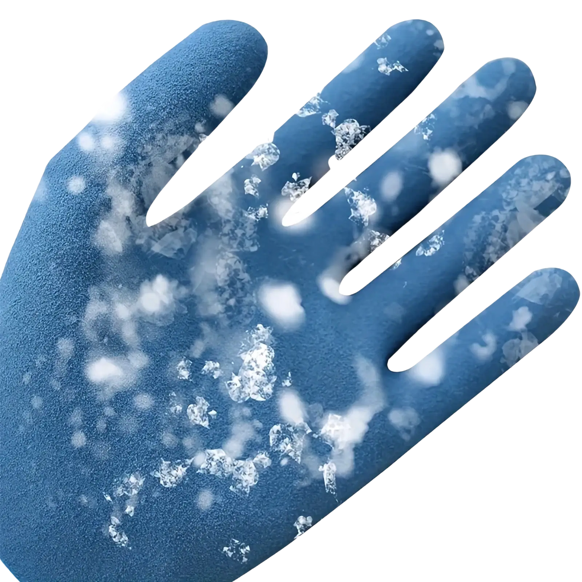 Blue textured waterproof thermal men’s winter work glove showing frost ice crystals on the glove surface back side