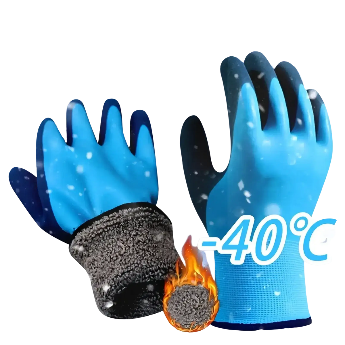Men’s waterproof winter work gloves in blue rubber with black fleece cuffs for extreme cold weather resistance