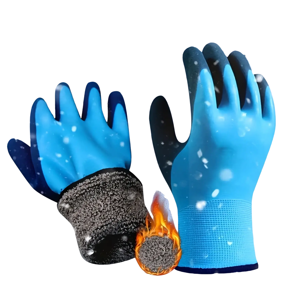 Men’s waterproof winter work gloves in blue and black with insulated fleece-lined wrist for extreme cold weather use