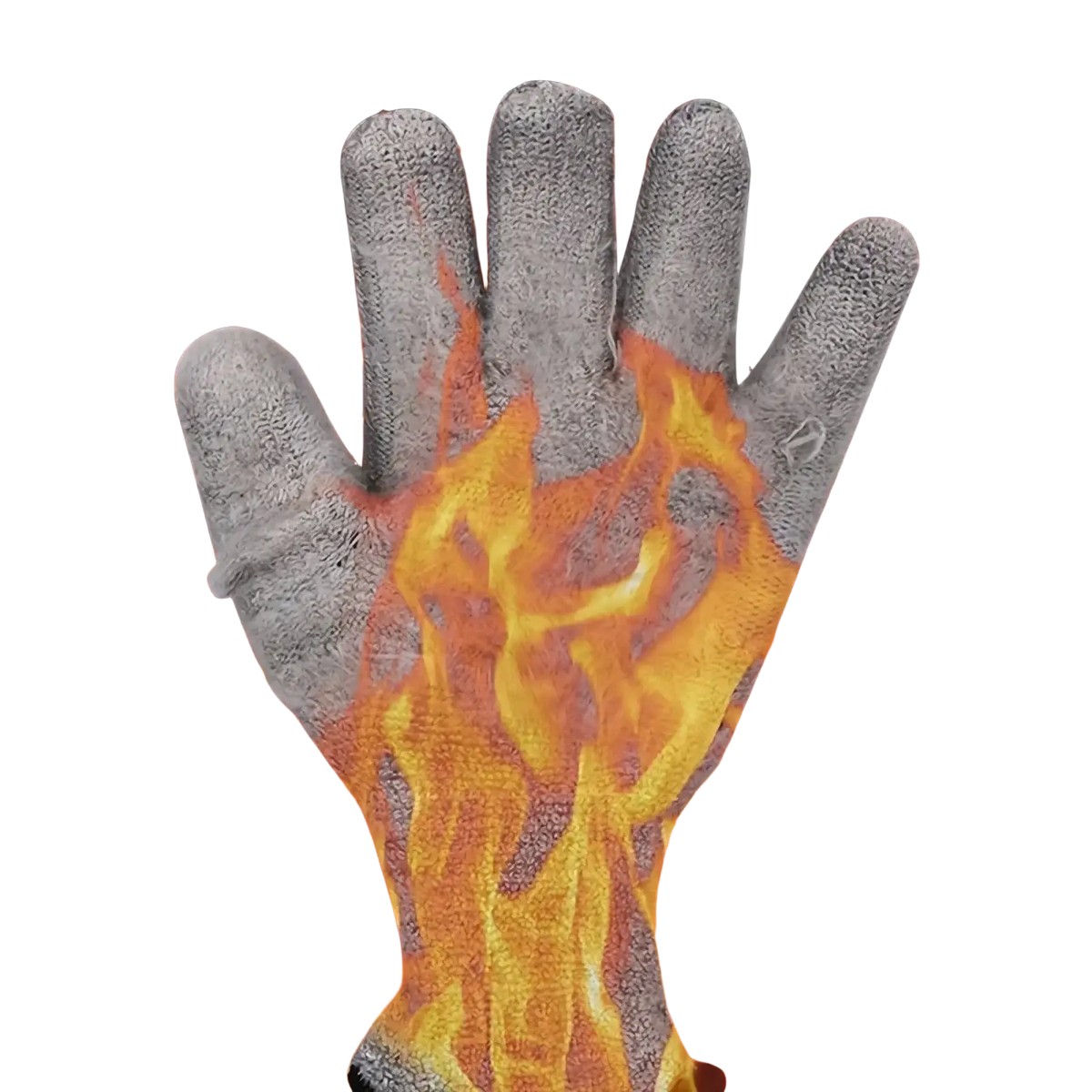Gray textured heat-resistant glove with flame design showing the back side in men’s waterproof winter work gloves