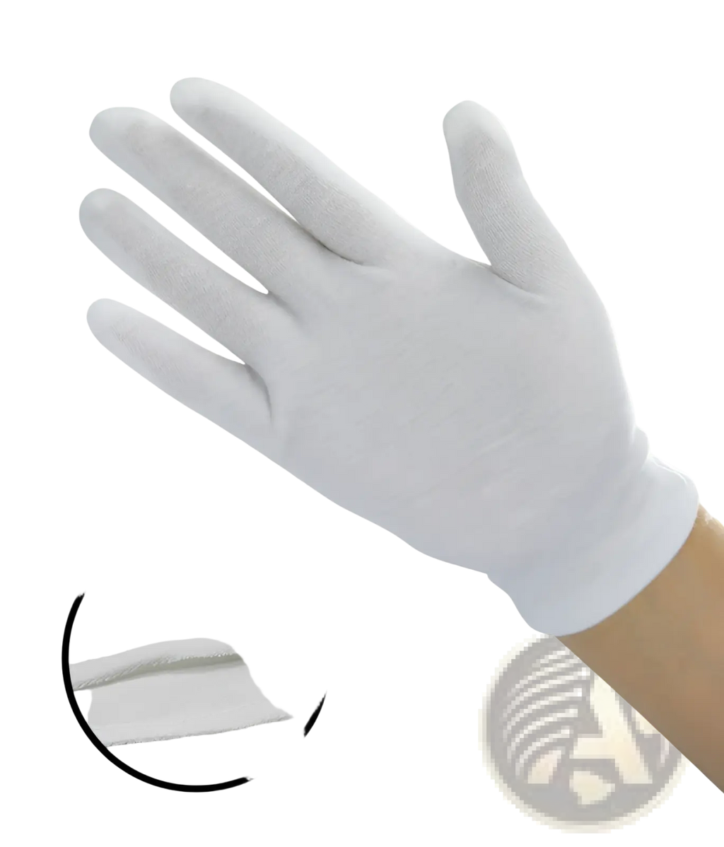 Men’s white cotton work glove with a snug fit and reinforced fingertips for durable hand protection