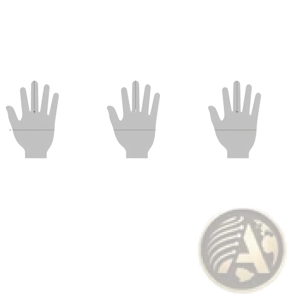 Gray hand silhouette diagrams showing medium large and extra-large sizes for men’s white cotton work gloves with reinforced fingertips