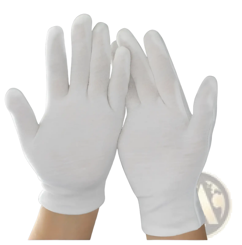 A pair of men’s white cotton work gloves with reinforced fingertips and a snug fit simple design