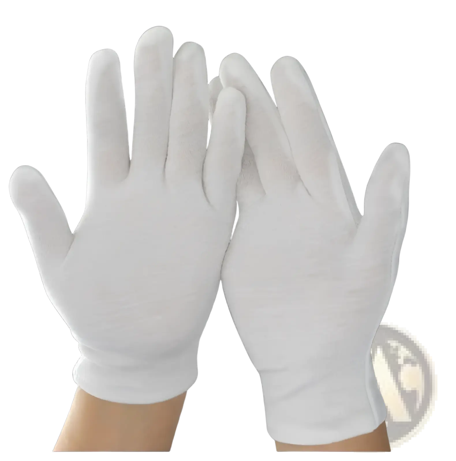 A pair of men’s white cotton work gloves with reinforced fingertips and a snug fit simple design