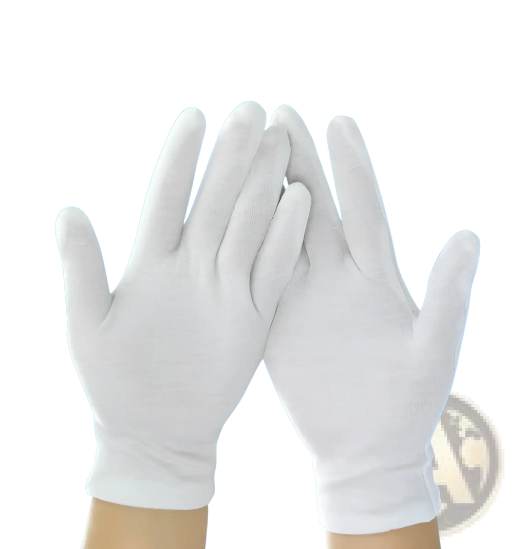 Men’s white cotton work gloves with a snug fit and reinforced fingertips for durable protection