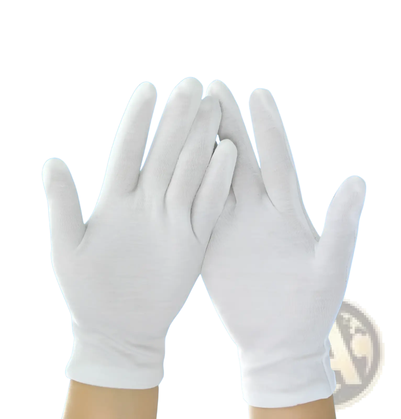 Men’s white cotton work gloves with a snug fit and reinforced fingertips for durable protection