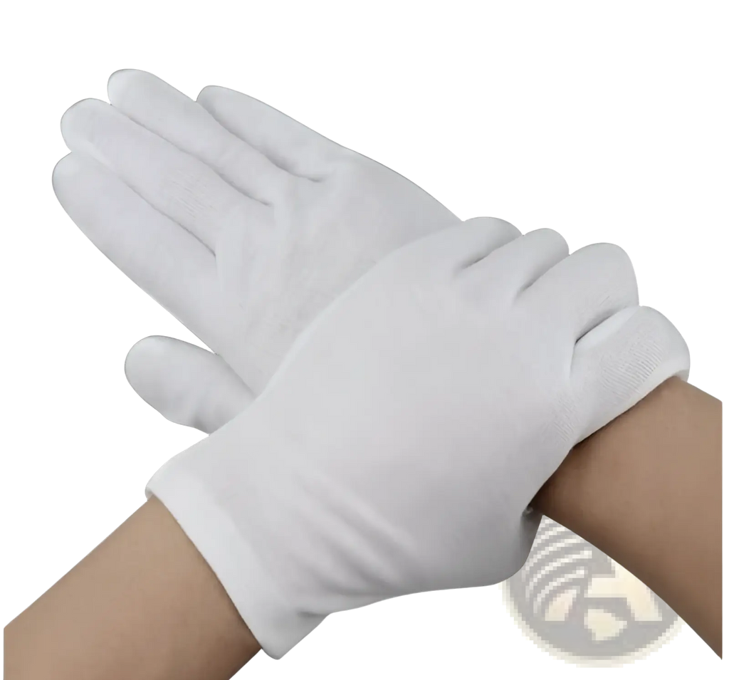 Men’s white cotton work gloves with reinforced fingertips snug fit and ribbed cuffs shown from the back side