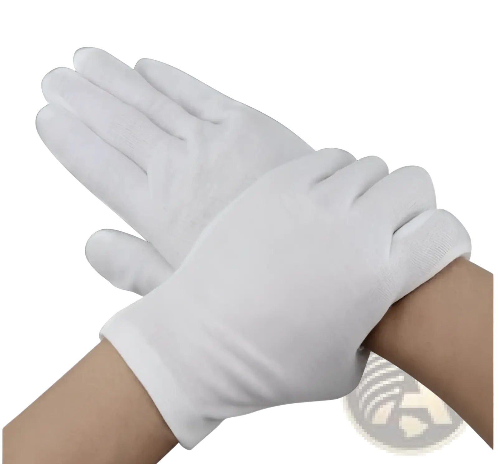 Men’s white cotton work gloves with reinforced fingertips snug fit and ribbed cuffs shown from the back side