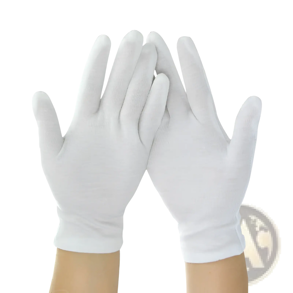 Men’s white cotton work gloves with reinforced fingertips and a snug fit for enhanced durability and comfort