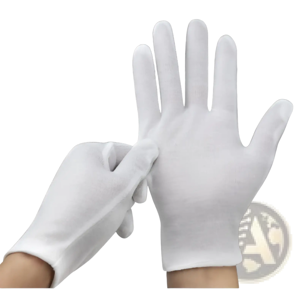 Men’s white cotton work gloves with a snug fit and reinforced fingertips for enhanced durability