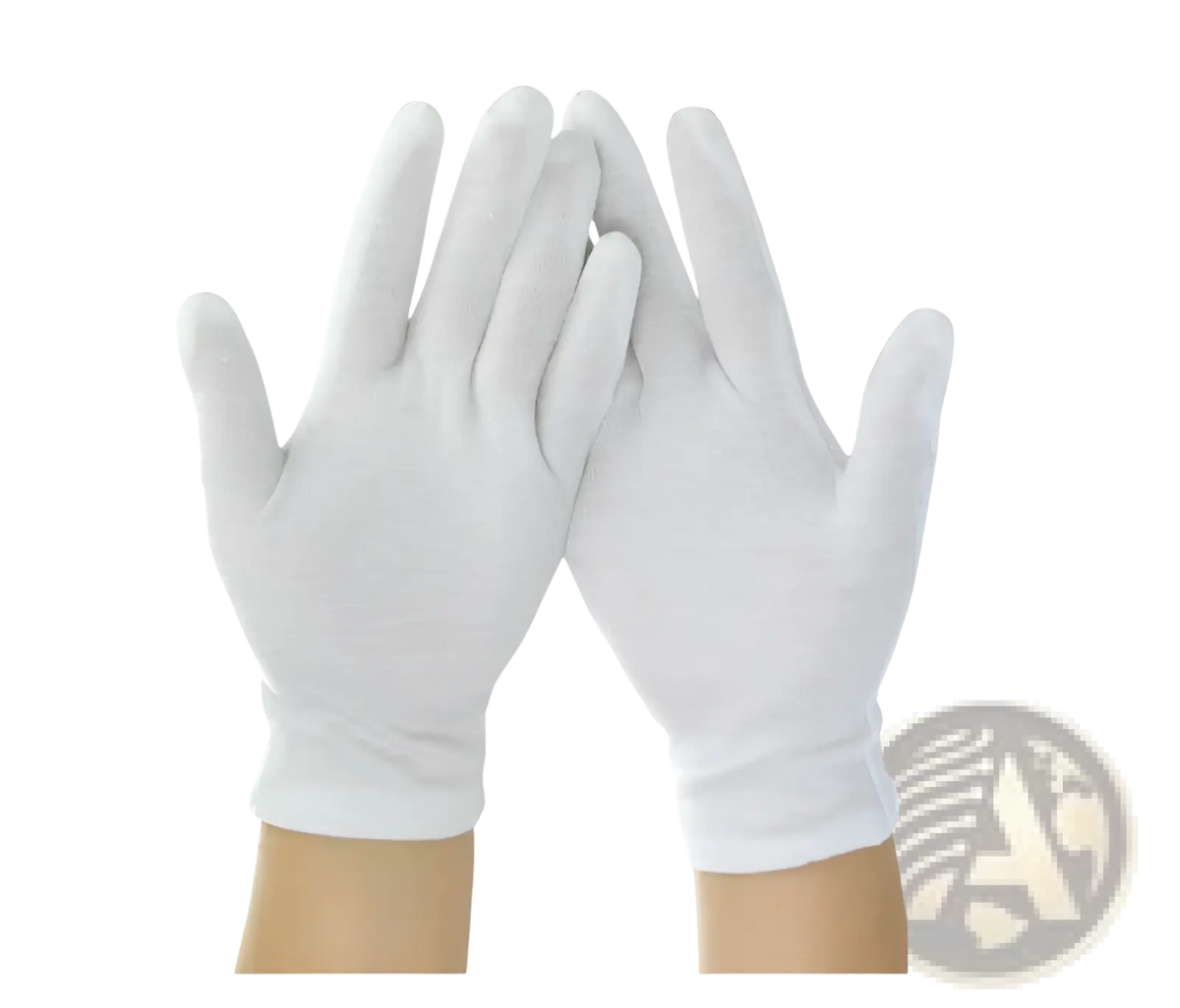 Men’s white cotton work gloves with reinforced fingertips displayed on a pair of hands