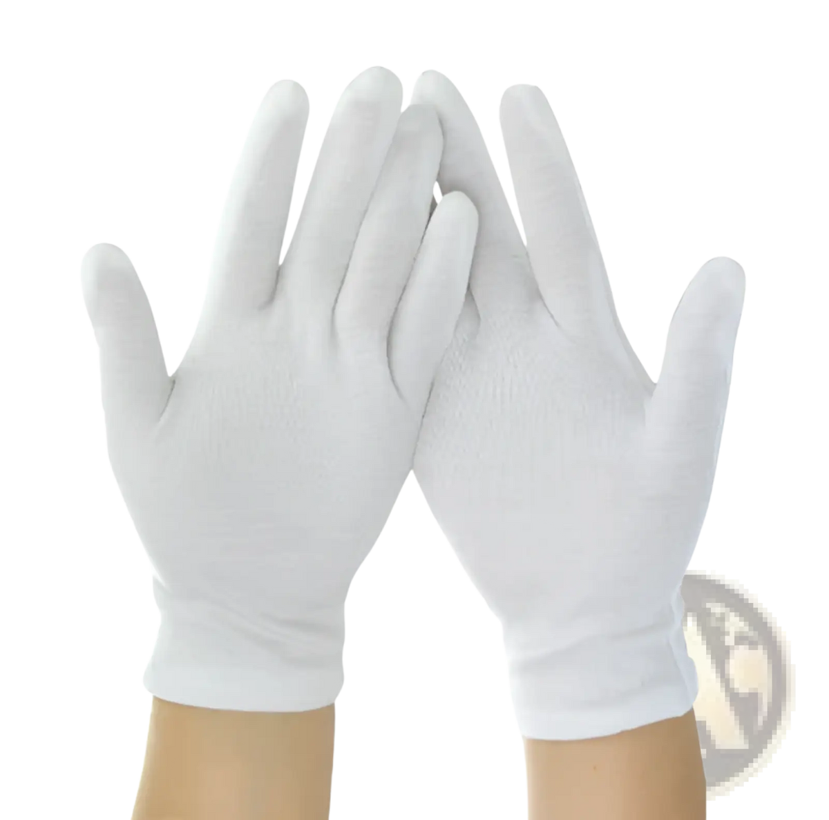 Men’s white cotton work gloves with reinforced fingertips neatly displayed on hands showing the front side