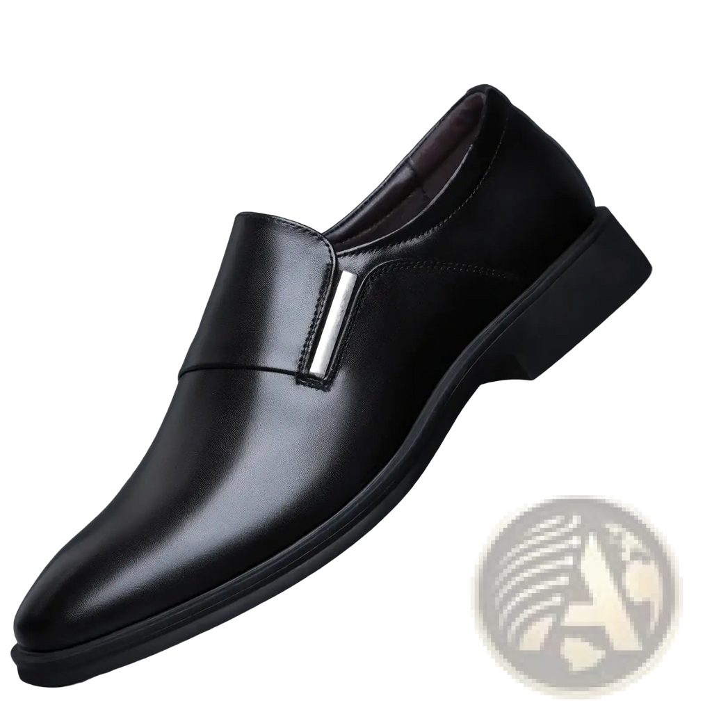 Black leather slip-on men’s dress shoe with polished finish and silver-toned metal strap accent from men’s white leather elevating oxford dress shoes collection