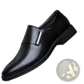 Black leather slip-on men’s dress shoe with polished finish and silver-toned metal strap accent from men’s white leather elevating oxford dress shoes collection