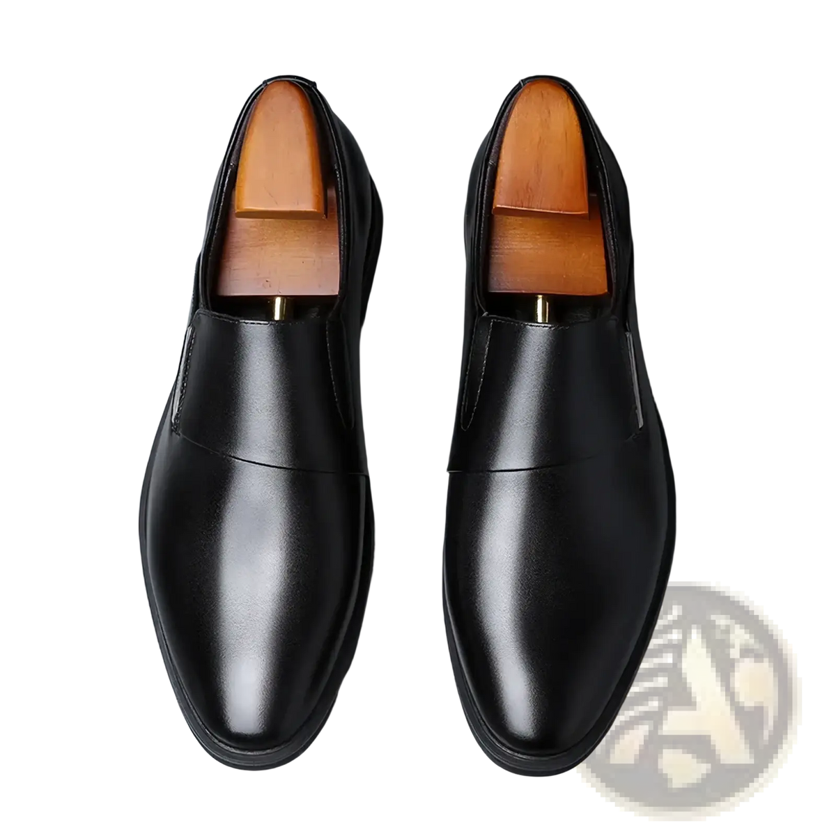 Black leather slip-on dress shoes with sleek polished finish and wooden insoles for men’s formal wear