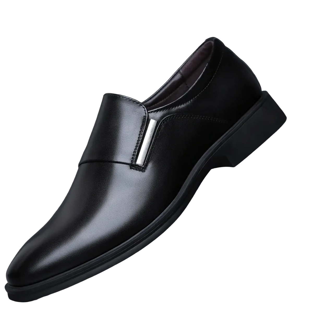 Black leather slip-on men’s dress shoe with polished finish and silver-toned metal strap accent from men’s white leather elevating oxford dress shoes collection