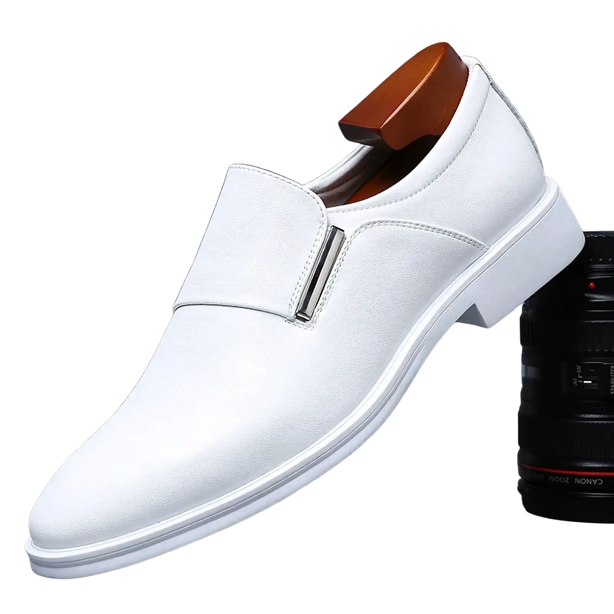 Men’s white leather elevating oxford dress shoe with a sleek metallic buckle slip-on design