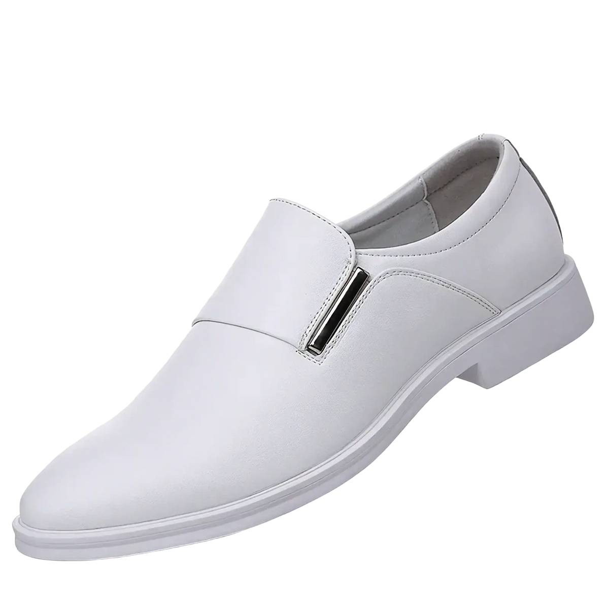 Men’s white leather elevating oxford dress shoe with a sleek minimalist design and metallic accent bar slip-on style