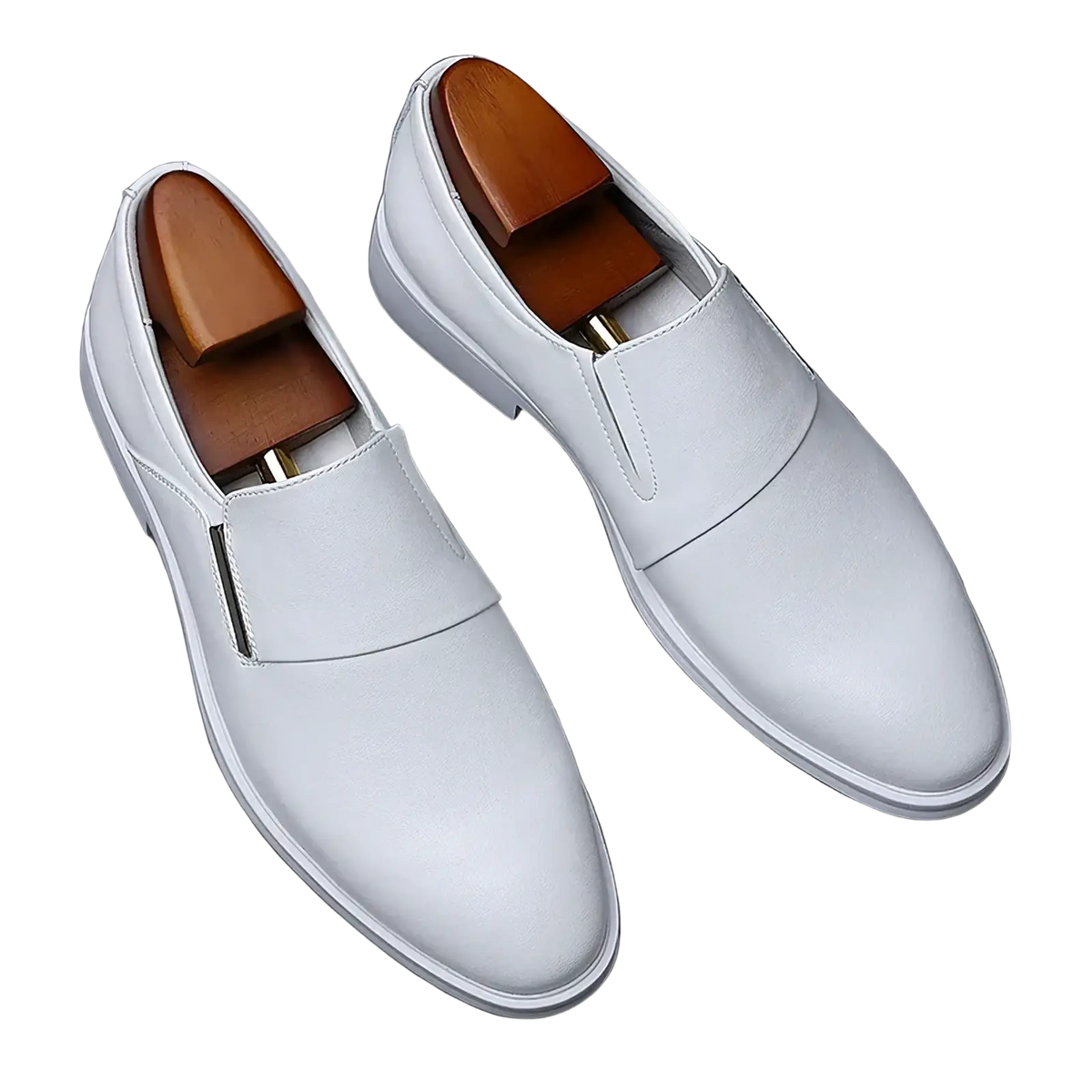 Men’s white leather elevating oxford dress shoes with a sleek minimalist design and wooden insoles