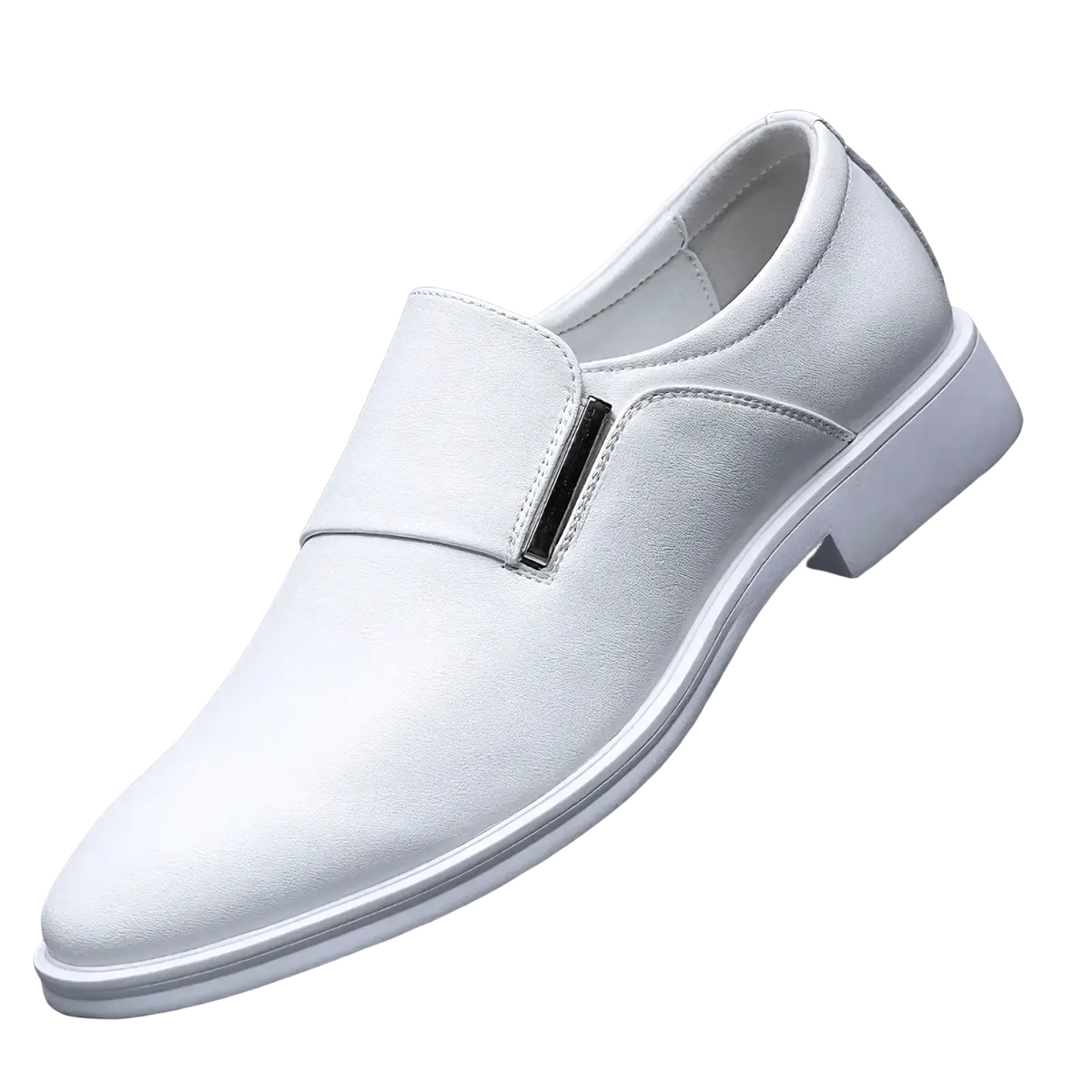 Men’s white leather elevating oxford dress shoe with sleek minimalist design and black rectangular buckle accent