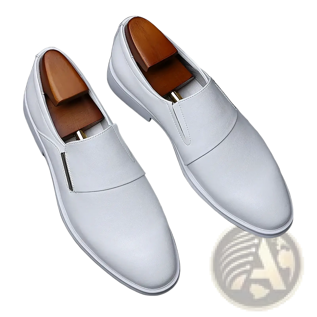 Men’s white leather elevating oxford dress shoes with a sleek minimalist design and wooden insoles