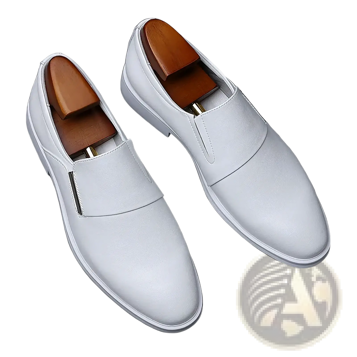 Men’s white leather elevating oxford dress shoes with a sleek minimalist design and wooden insoles