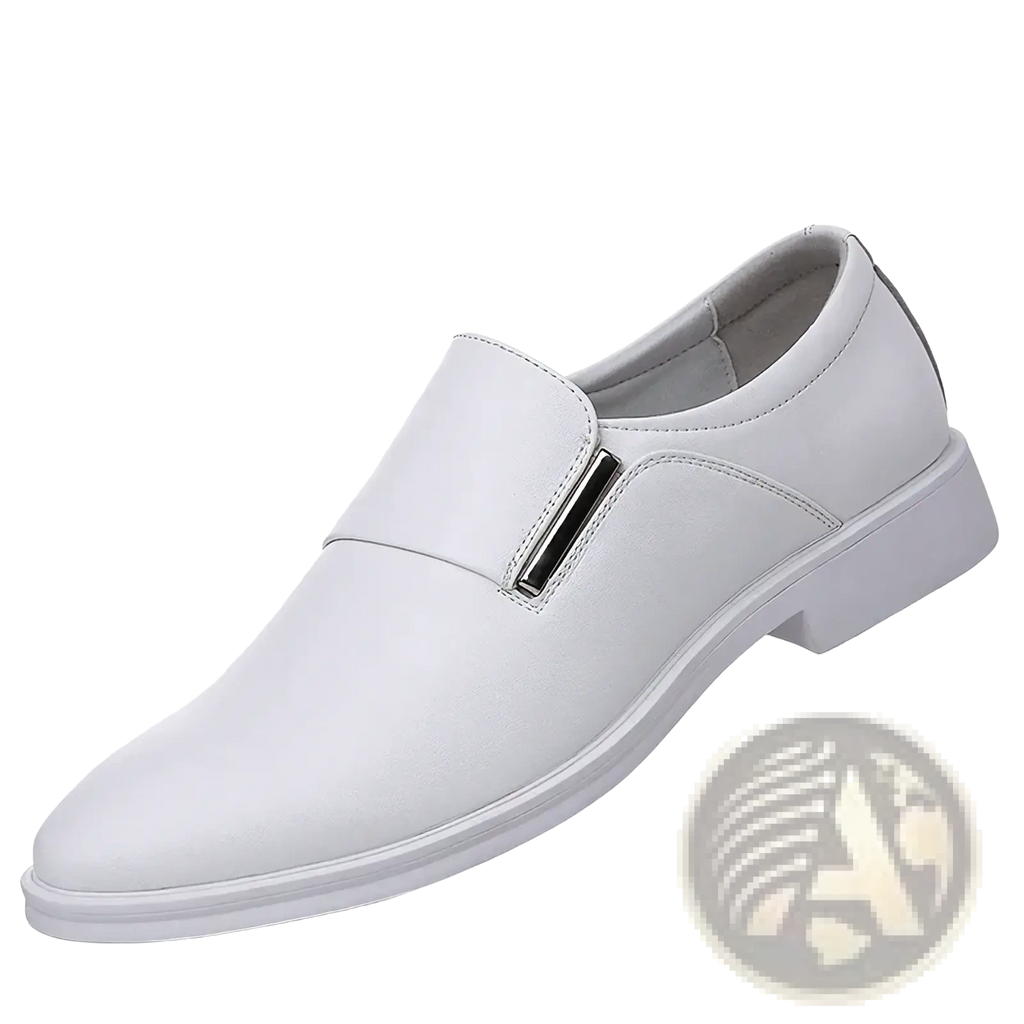Men’s white leather elevating oxford dress shoe with a sleek minimalist design and metallic accent bar slip-on style