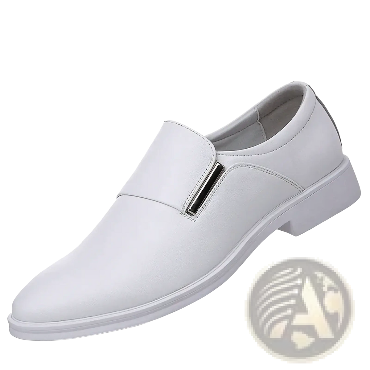Men’s white leather elevating oxford dress shoe with a sleek minimalist design and metallic accent bar slip-on style