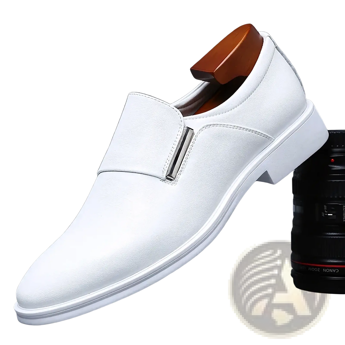 Men’s white leather elevating oxford dress shoe with a sleek metallic buckle slip-on design