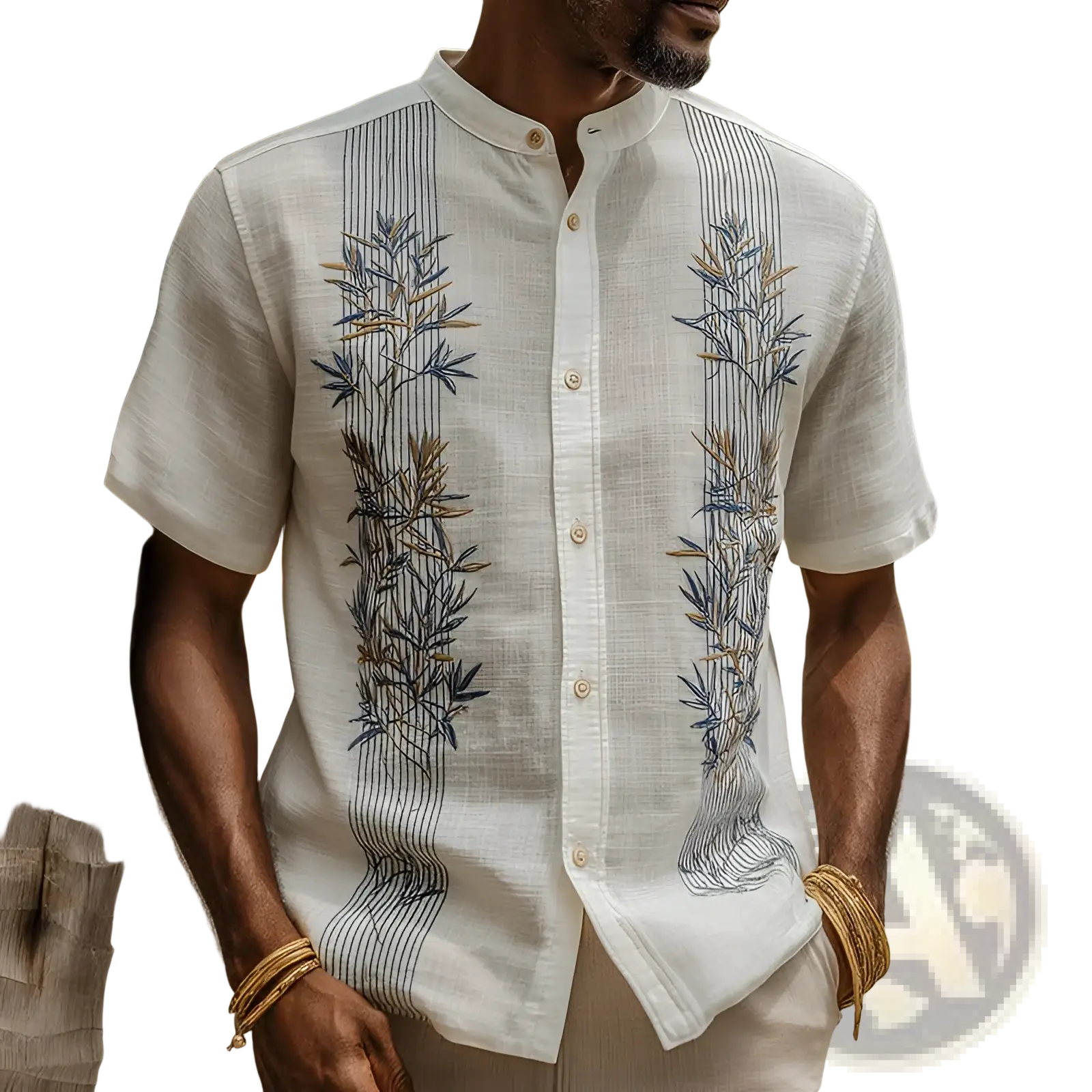 Men’s white linen short-sleeved shirt with intricate blue and gold bamboo embroidery on the front panels