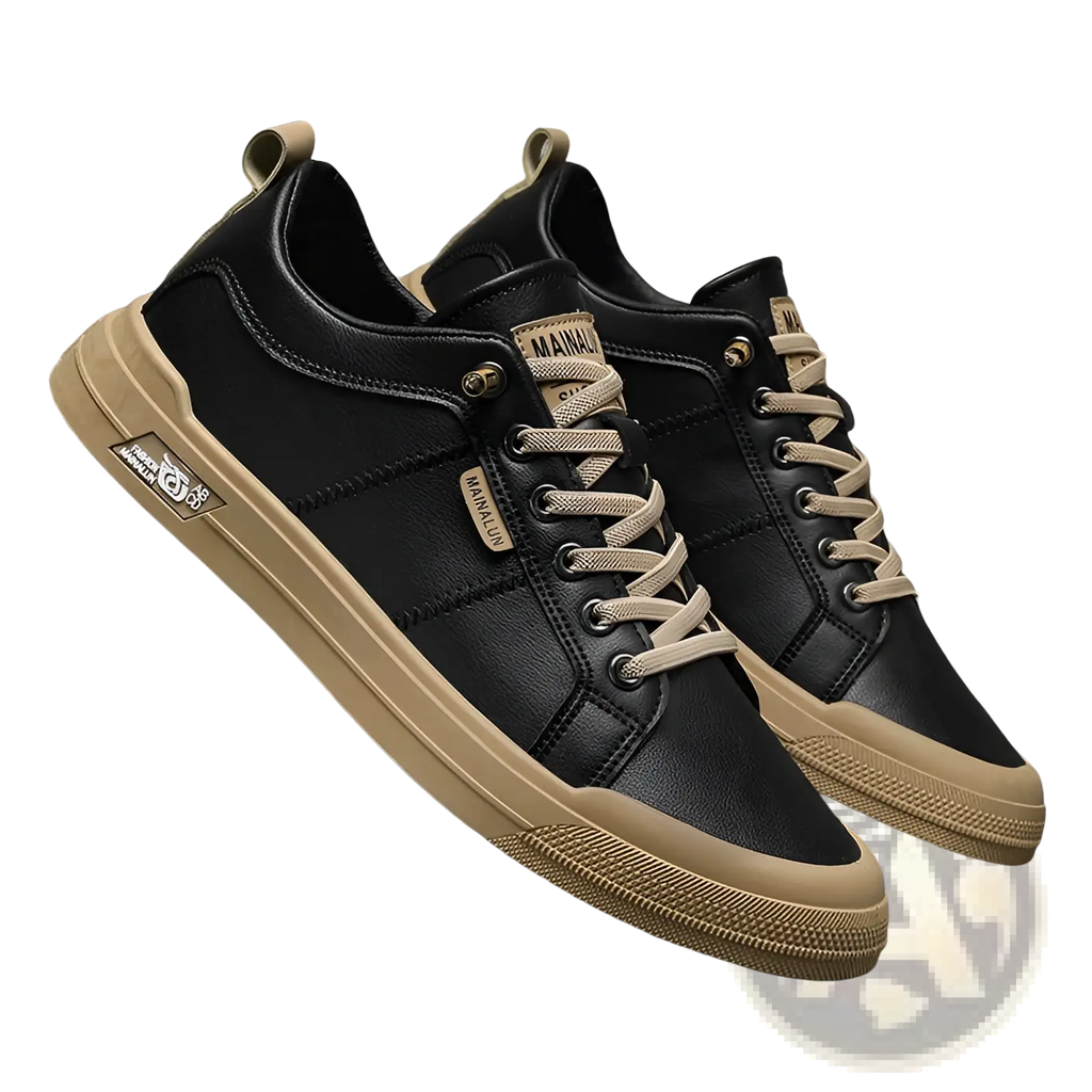 Men’s white minimalist leather casual sneakers in black with beige laces and subtle branding on tongue and side