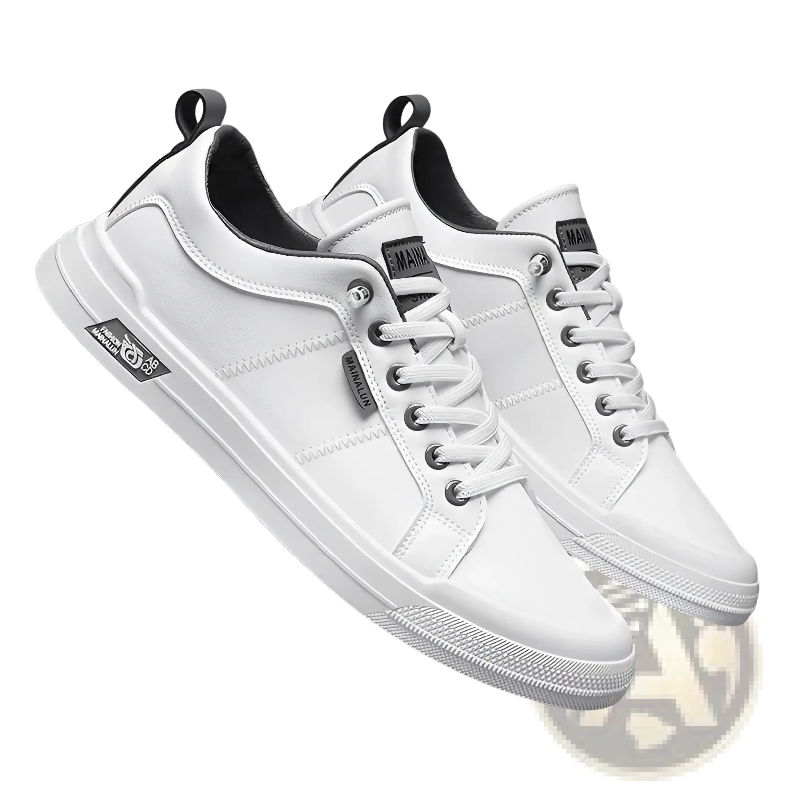 Men’s white minimalist leather casual sneakers with black accents and silver eyelets featuring a clean design