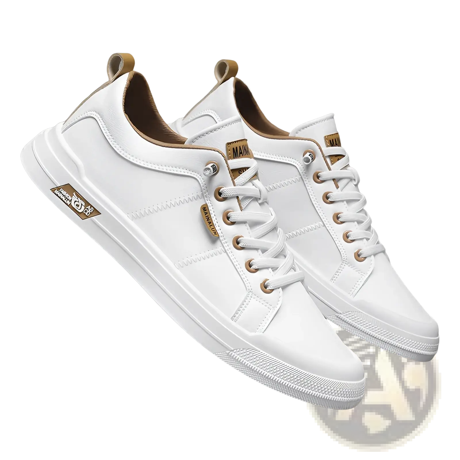 Men’s white minimalist leather casual sneakers with tan accents featuring main brand logo on tongue and side