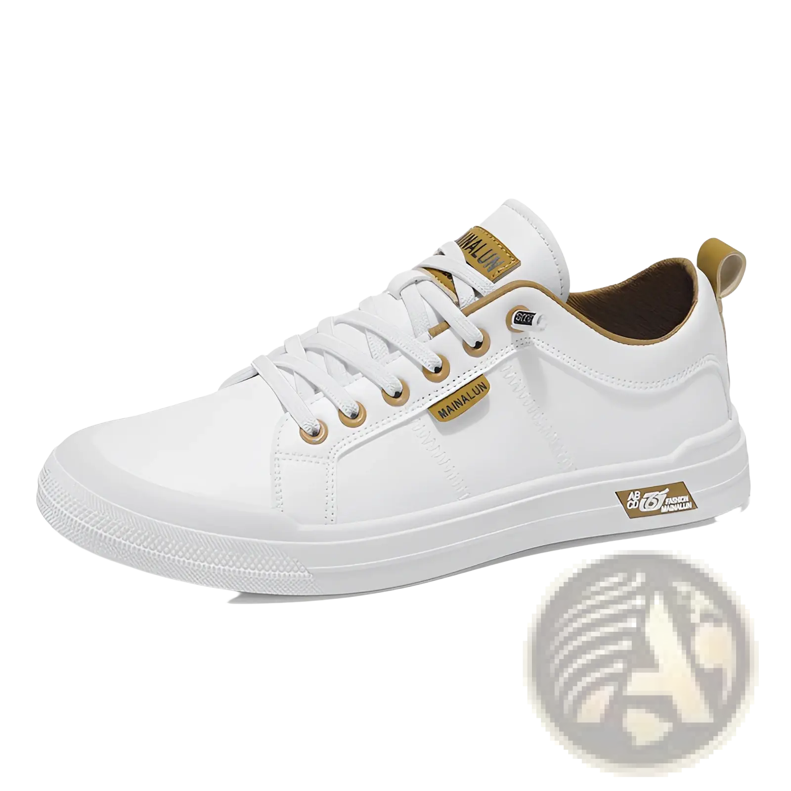 Men’s white minimalist leather casual sneakers with white canvas low-top design and gold-tone accents and branding patches