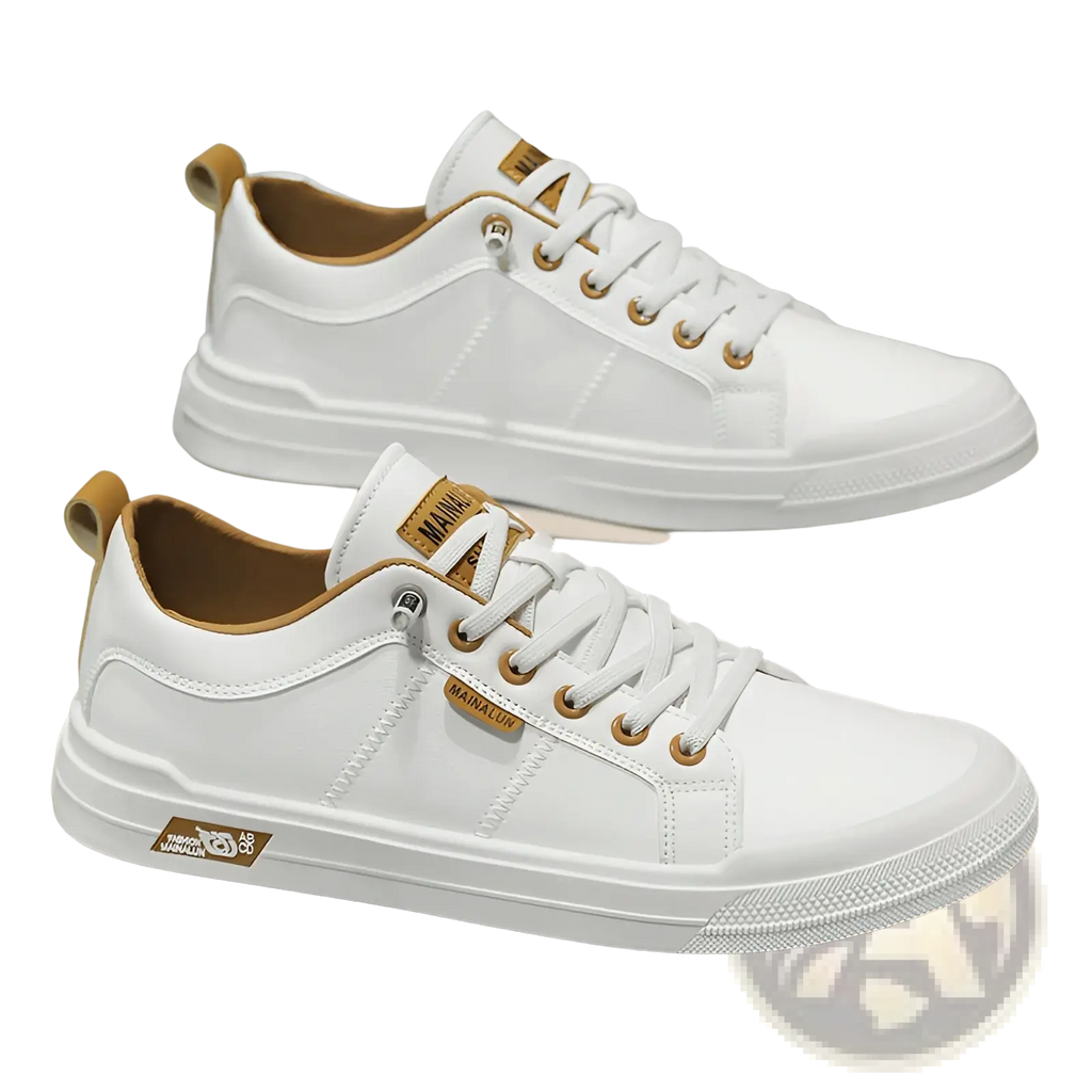 Men’s white minimalist leather casual sneakers with white canvas and tan leather accents in a low-top design