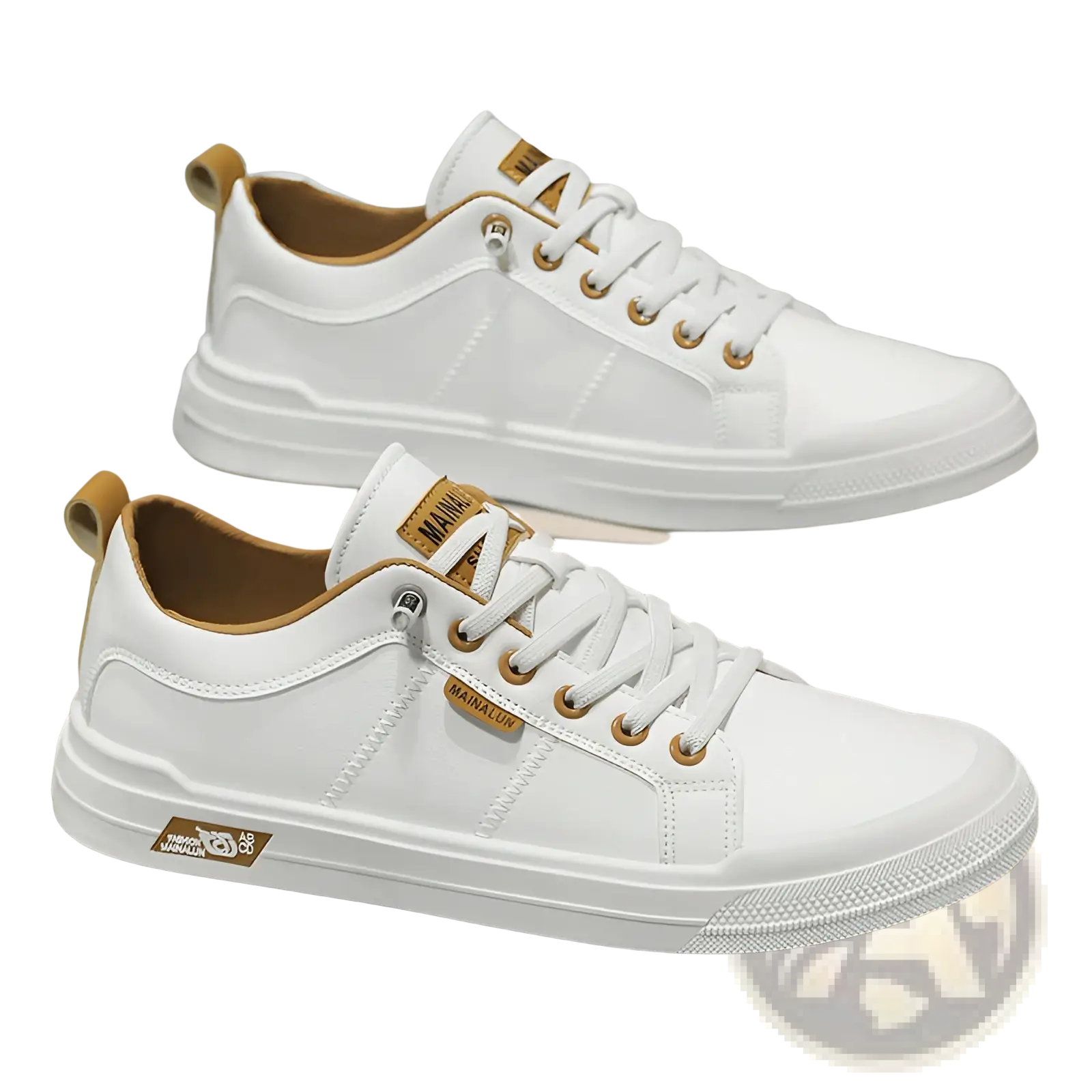 Men’s white minimalist leather casual sneakers with white canvas and tan leather accents in a low-top design
